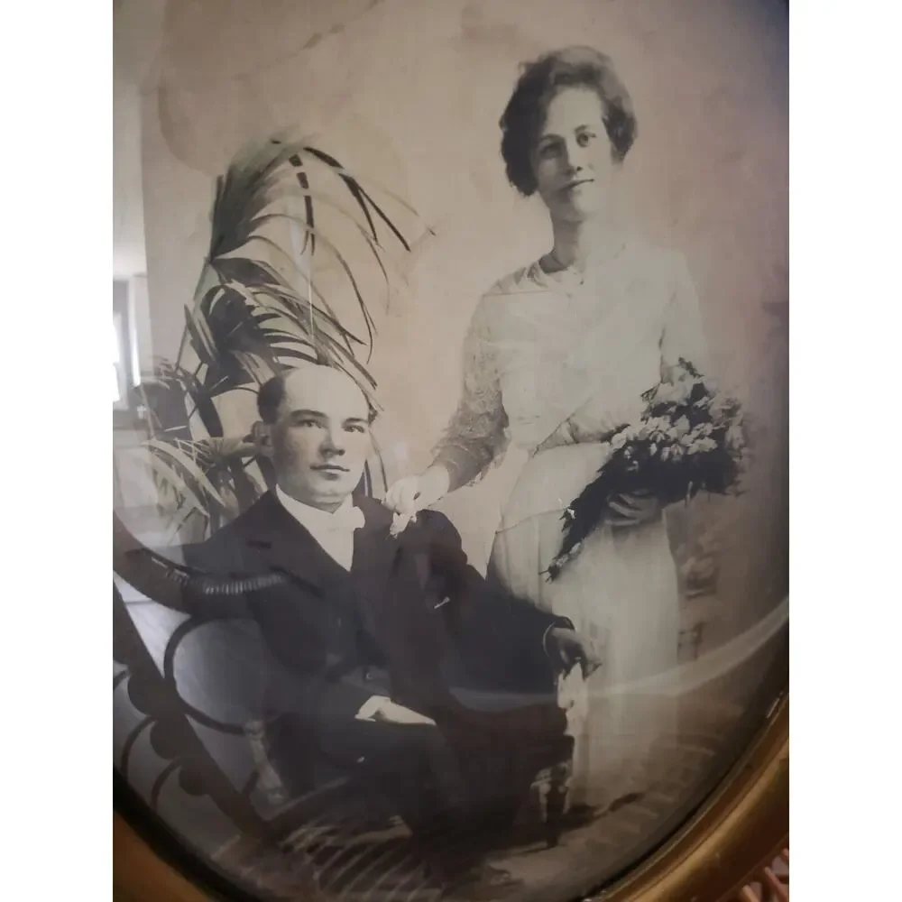 Antique Wedding Portrait Gilded Bubble Glass Frame Art Deco Gothic Victorian Art